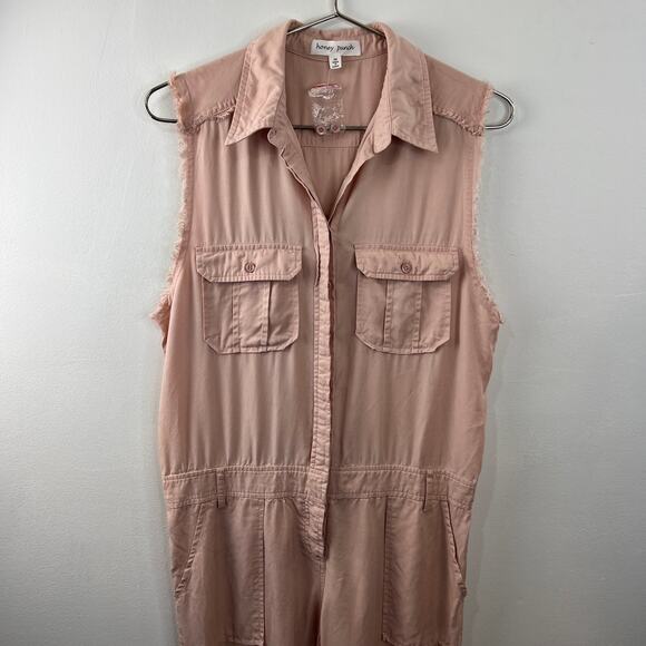 Honey Punch Pink Nude Tencel Chambray 1/4 Button-Front Sleeveless Jumpsuit M - Picture 2 of 13